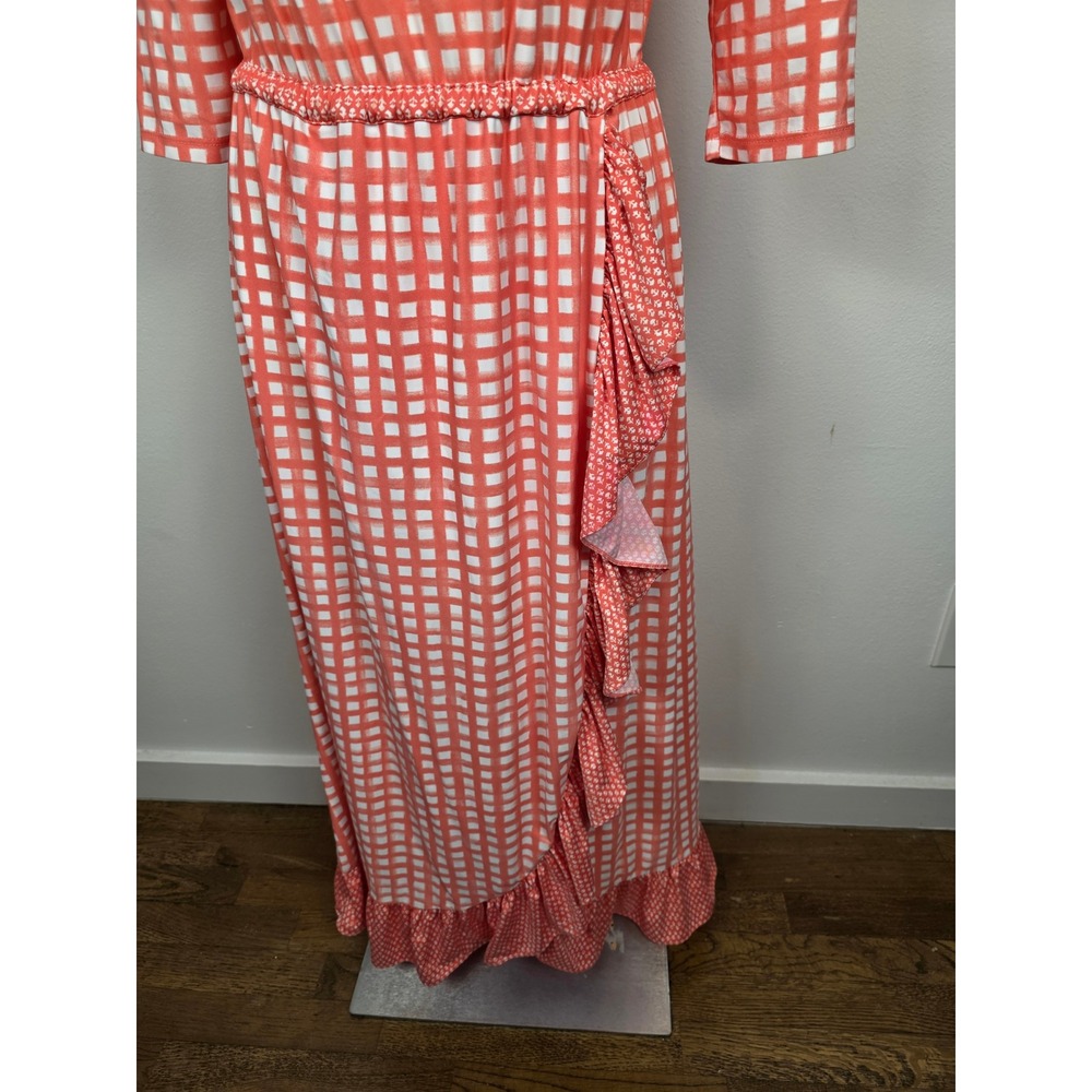 Cabana Life Off Shoulder Smocked Gingham Maxi Dress Coral White Size M - Picture 4 of 8